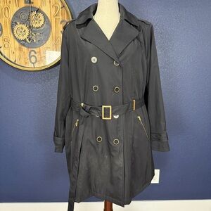 Roz & Ali Black Trench Rain Coat with Gold Accents Plus Size 3X